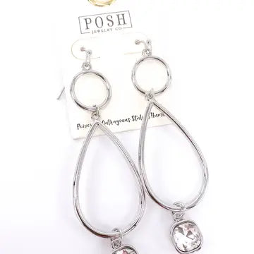Shiny Silver Circle and Teardrop Earrings With A Clear Rhinestone Drop