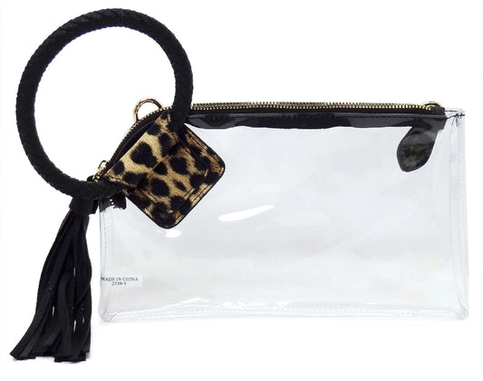 Clear Wristlet Clutch Bag Accented With Leopard Print And Black Fringe Tassel And Black Crossbady Strap