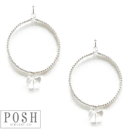 Silver Beaded Circle Shaped Earrings With A Clear Crystal Butterfly Drop Charm