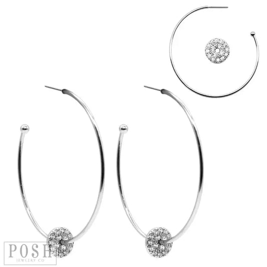 Silver Hoop Earrings with Small Rhinestone Drop Charm