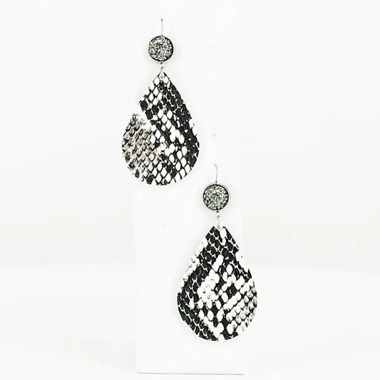 Shiny Silver Crystals with Black & Off White Snake Teardrop Faux Leather Earrings Stainless Steel Wires