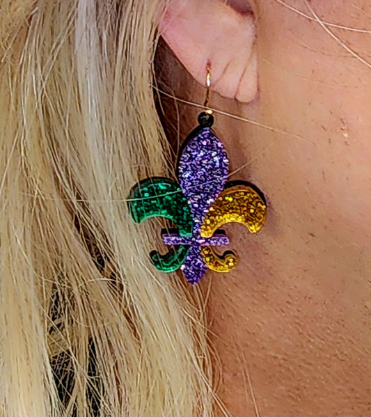 Glittery Acrylic Fleur De Lis Earrings - Purple, Green And Gold