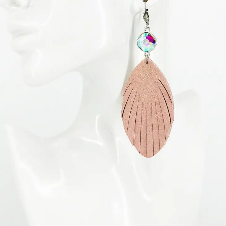 AB Crystal With Pink Blush Fringed Suede Leather Earrings With Stainless Steel Lever Backs