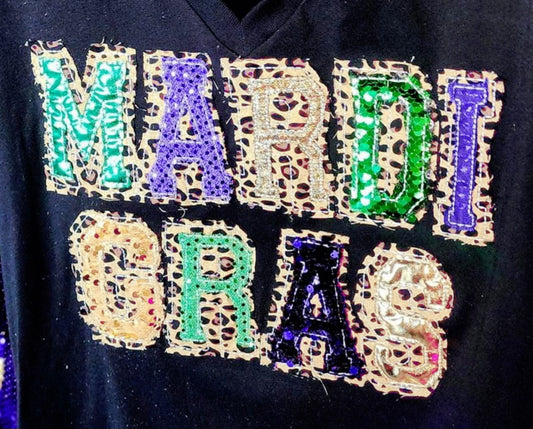 SFD - Double Stacked Sequin Lettering MARDI GRAS V-Neck Short Sleeve T-Shirt - Black / Small - 3X