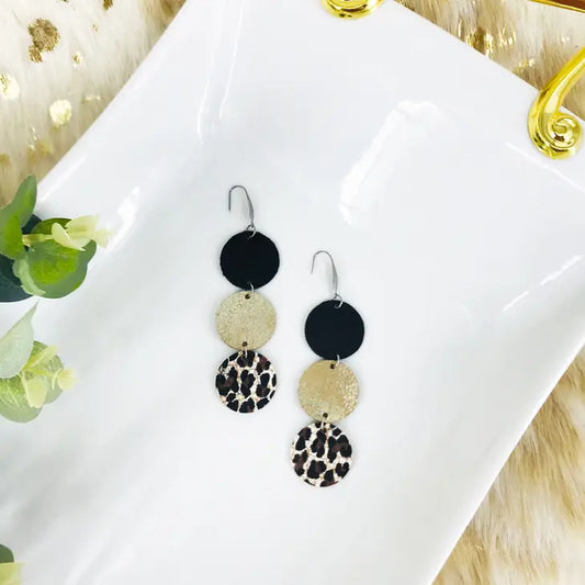 Black Leather/Platinum Crackle Goat Leather/Cheetah Leather 3 Tier Earrings With Stainless Steel Ear Wires