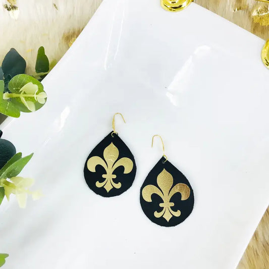Black and Gold Fleur De Lis Genuine Leather Earrings with Stainless Steel Wire - Larger Size