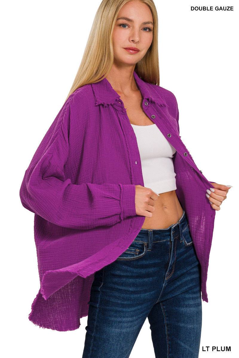 Zenana Gauze Button Down Raw Edge Shirt / Comes in Kelly Green, Purple, Fuchsia or Black / Sizes Small - XL