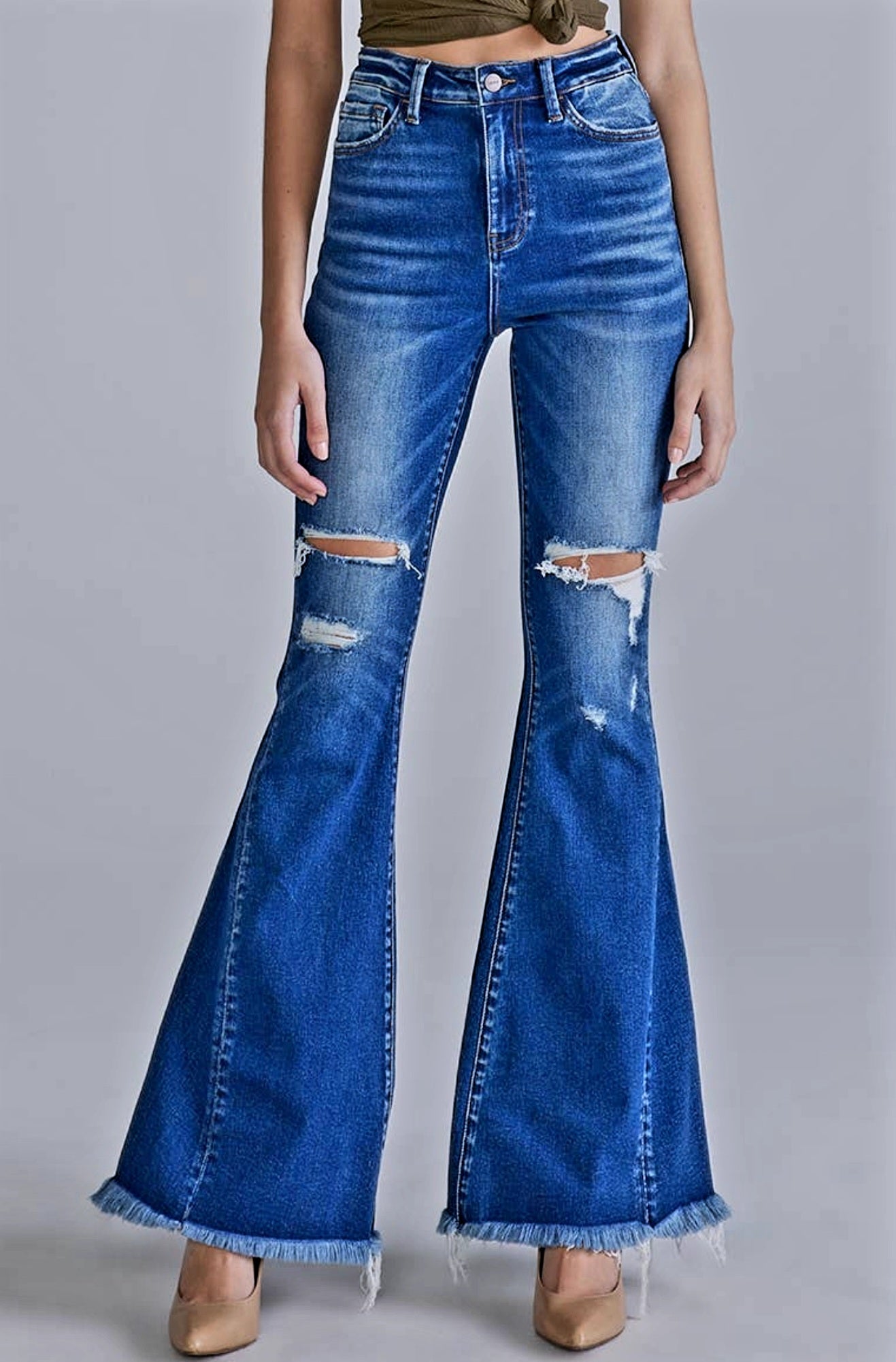 Ceros Jeans - Fall Women's Dark Super High Rise Distress Flare Denim Jean - Sizes 25-31