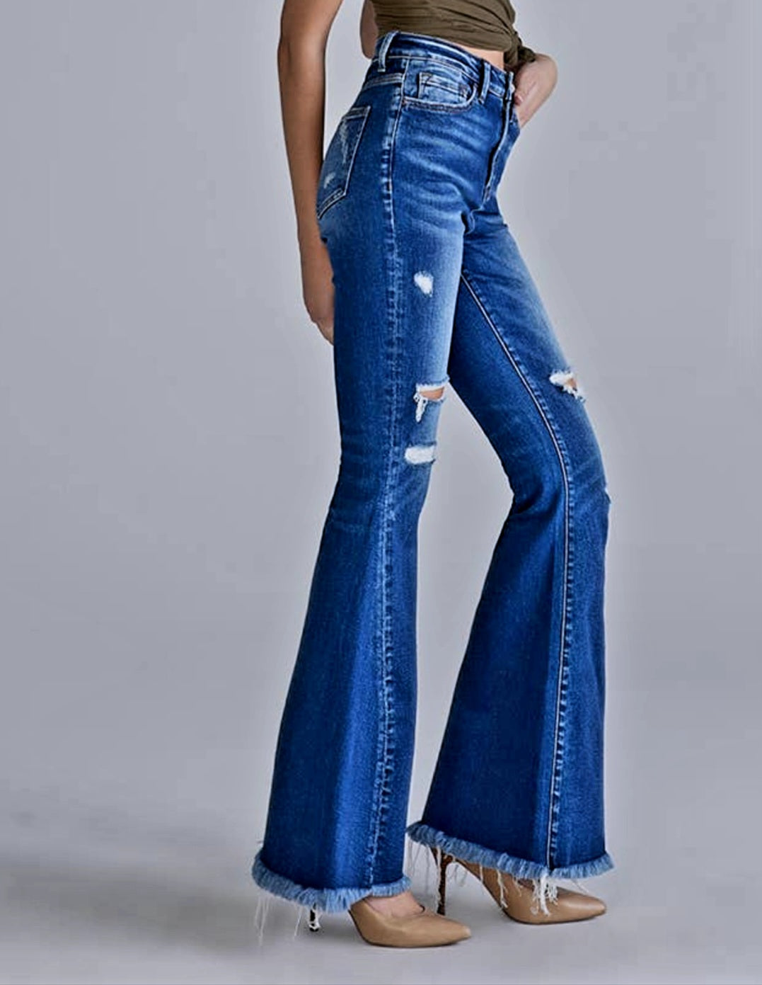 Ceros Jeans - Fall Women's Dark Super High Rise Distress Flare Denim Jean - Sizes 25-31
