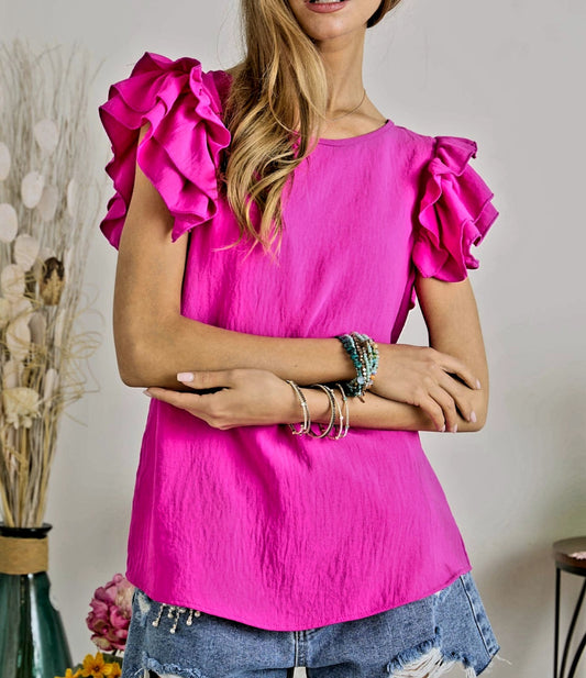 Adora S/S Layered Ruffle Sleeve Blouse - Hot Pink