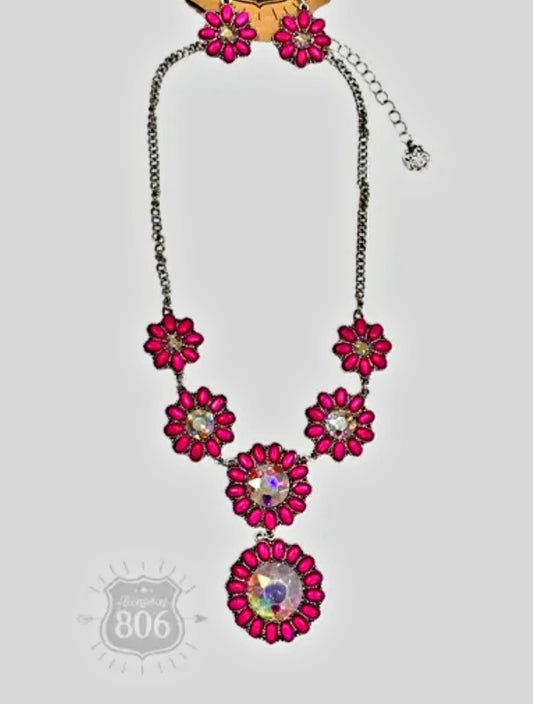 Fuchsia Flower with Austrian AB Crystal Concho Necklace and Earring Set