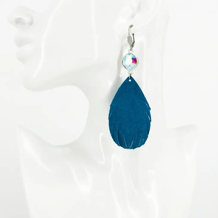 M&P AB Rhinestone and Turquoise Blue Suede Fringe Leather Earrings on a Silver Tone Stainless Steel Lever Back.