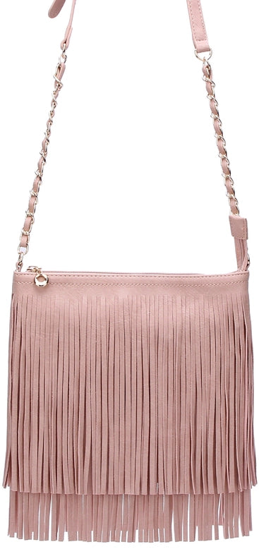 Faux Leather Cossbody Bag With Fabulous Fringe Trim - Rose Pink