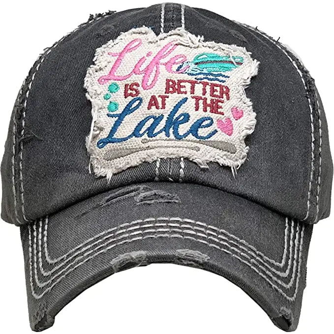 Baseball Cap  - Distressed Black "Life Is Better At The Lake"