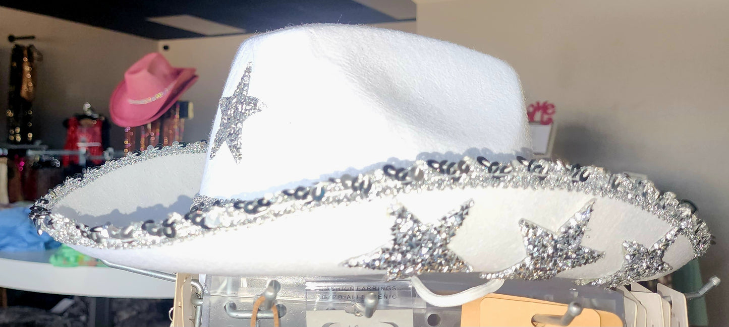 NN White Felt Hat With Silver Sequin And 3 Stars On Brim