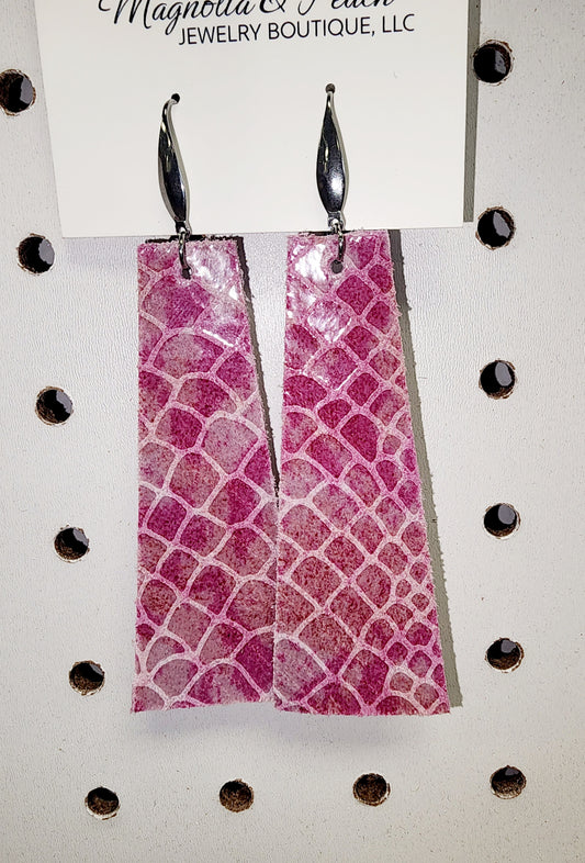 M&P Pink Snake Genuine Leather Earrings with Stainless Steel Findings & Ear Wires