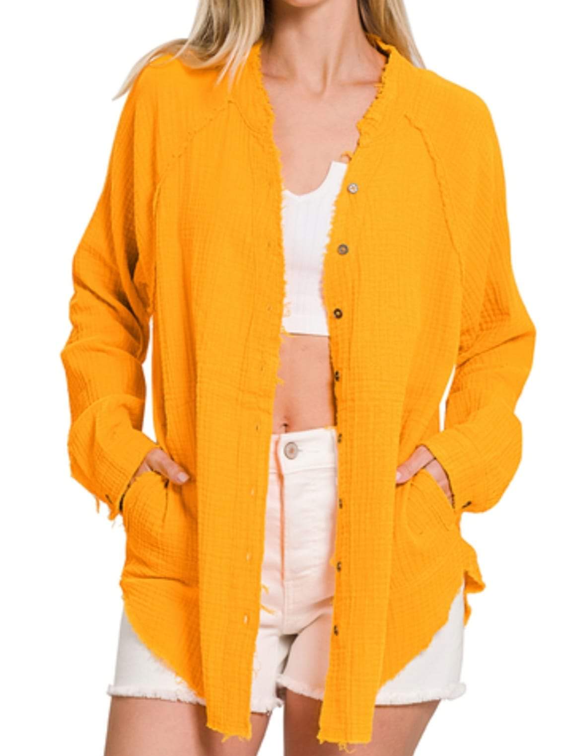 Zenana Oversized Gauze Button Down Raw Edge Shirt / Yellow Gold / Sizes Small to XL