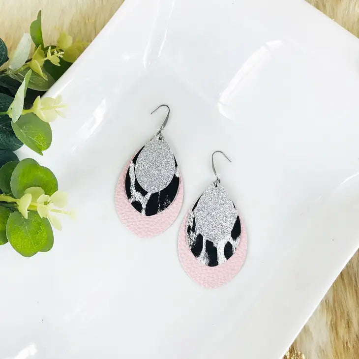 M&P Pink Litchi Grain Texture Faux Leather and White and Black Leopard Faux Leather Layered Earrings and a Silver Glitter Backing with Silver Tone Stainless Steel Findings and Ear Wires.