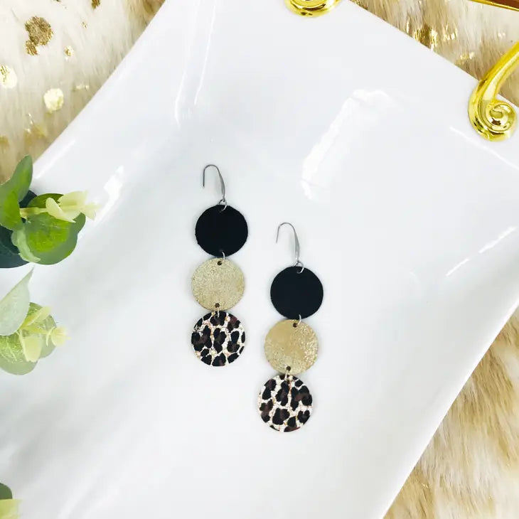 M&P Black Divine Leather/Platinum Crackle Goat Leather/Cheetah Leather Earrings With Stainless Steel Findings And Ear Wires
