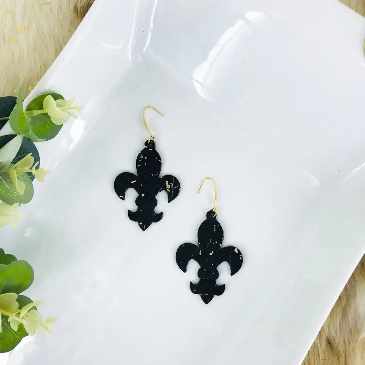 M&P Black and Gold Portuguese Cork Fleur De Lis Earrings with Gold Tone Stainless Steel Findings and Ea