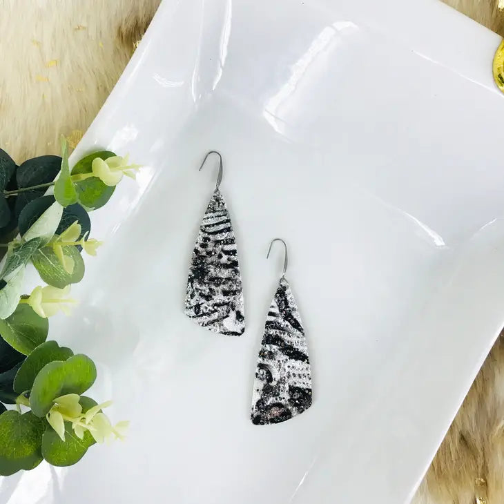 M&P Black Silver Sequin Glitter Animal Print Leather Earrings with Stainless Steel Findings And Ear Wires