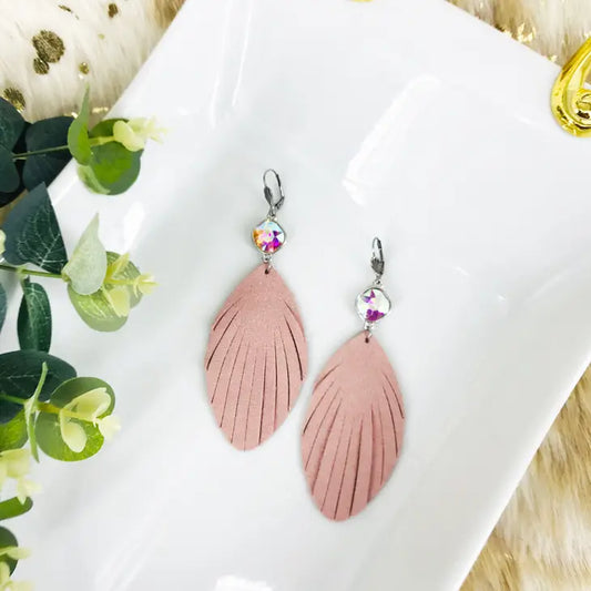 M&P AB Crystal With Pink Blush Fringed Suede Leather Earrings With Stainless Steel Lever Backs