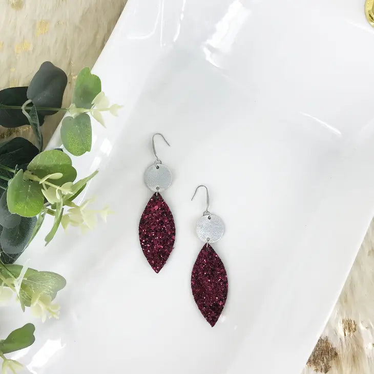Burgundy Glitter And Metallic Silver Earrings With Stainless Steel Findings and Ear Wires.