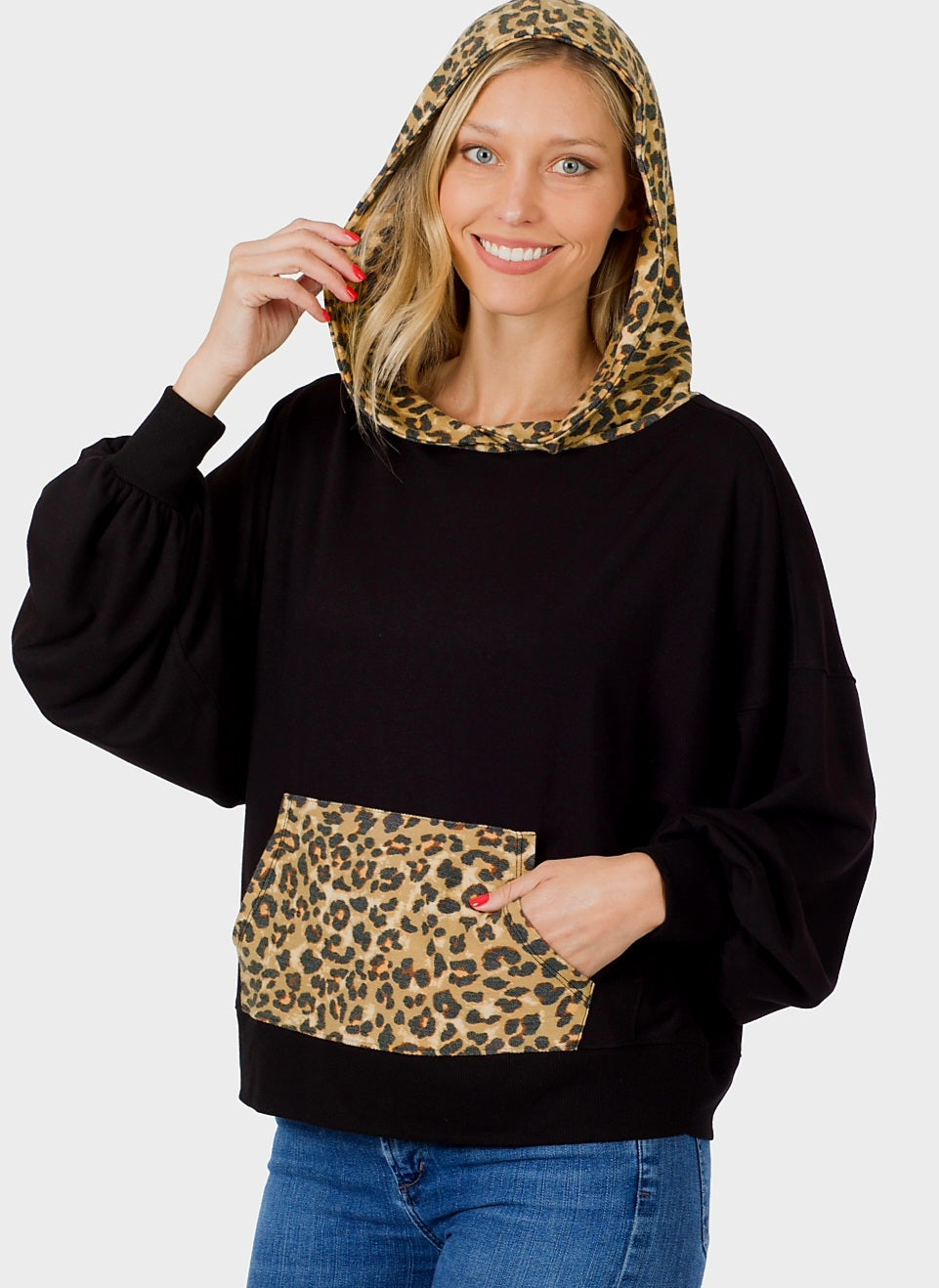 Zenana Black Knit Top With Leopard Hoodie And Pocket Size XS