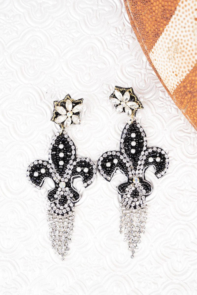 Fleur De Lis Black Glitter With Silver Tassells Earrings