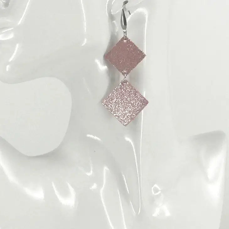 Pink Dazzle Leather Earrings with Silver Tone Stainless Steel Findings and Ear Wires