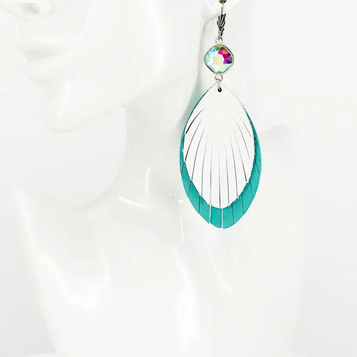 AB Rhinestone With Aqua and White Full Grain Fringed Leather Earrings with Stainless Steel Lever Backs.