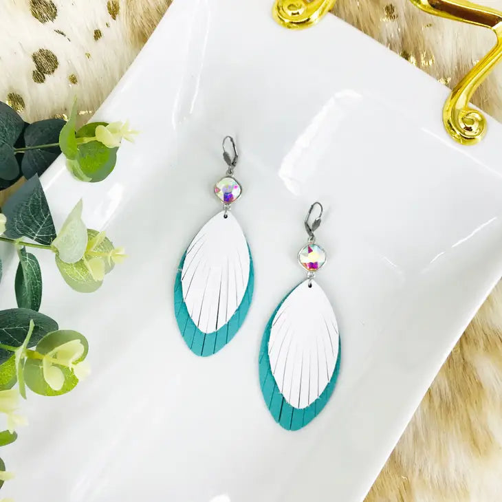 AB Rhinestone With Aqua and White Full Grain Fringed Leather Earrings with Stainless Steel Lever Backs.