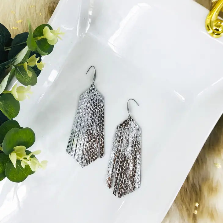 Metallic Silver Snake Skin Fringe Leather Earrings with Stainless Steel Findings and Ear Wires