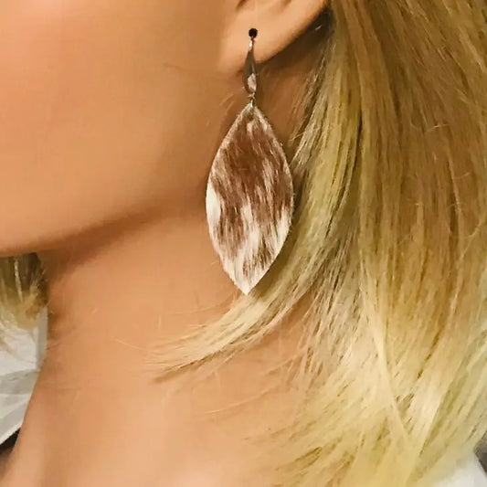 Brown & White Hair On Leather Earrings With Stainless Steel Findings And Ear Wires