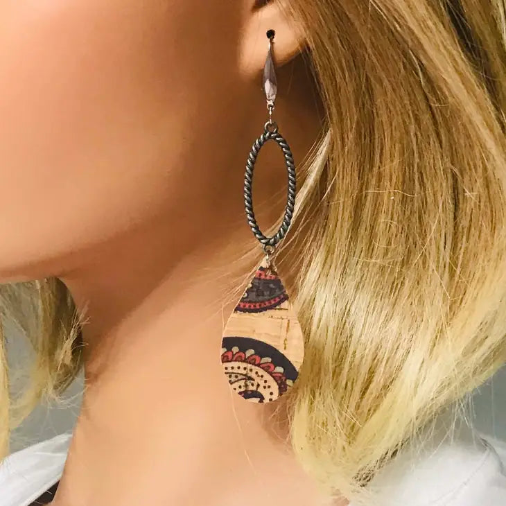 Paisley Patterned Portuguese Cork Earrings with Stainless Steel Findings & Ear Wires