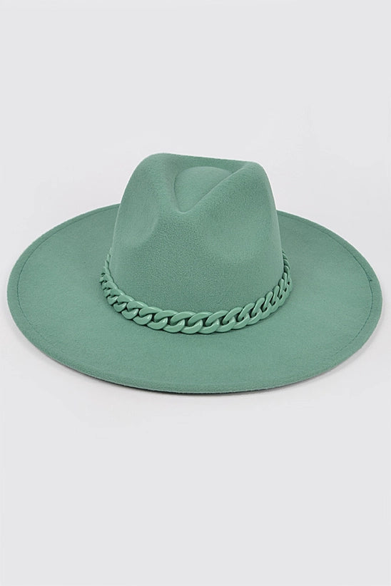 NN Green Faux Wool Fedora Hat Wide Brim Hat With Coated Green Chain On Band