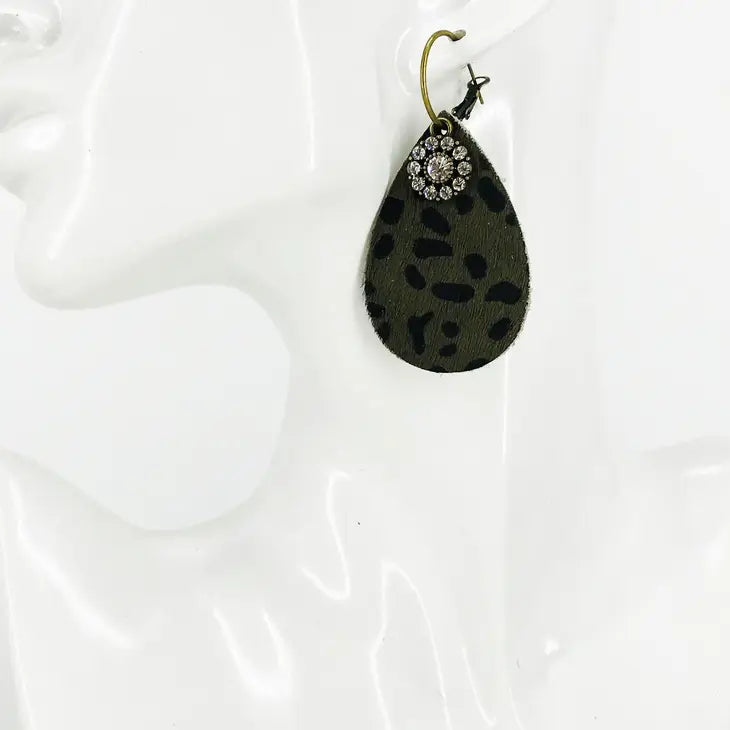 M&P Clear AB Austria Crystal and Leopard Print Hide On Leather Earrings on Antique Bronze Hoops