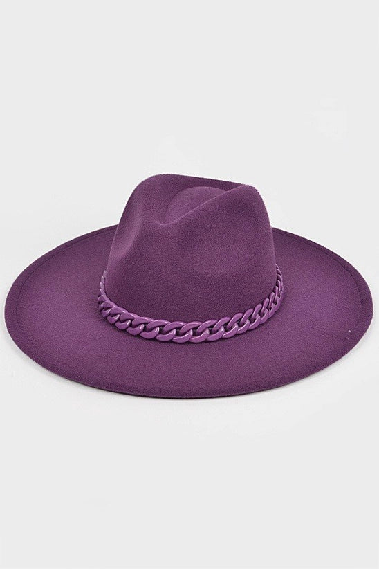 NN Purple Faux Wool Fedora Hat Wide Brim Hat With Coated Purple Chain On Band
