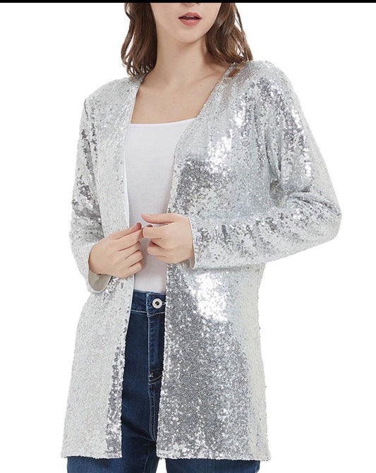 Anna Kaci Open Front Sequin Jacket Silver